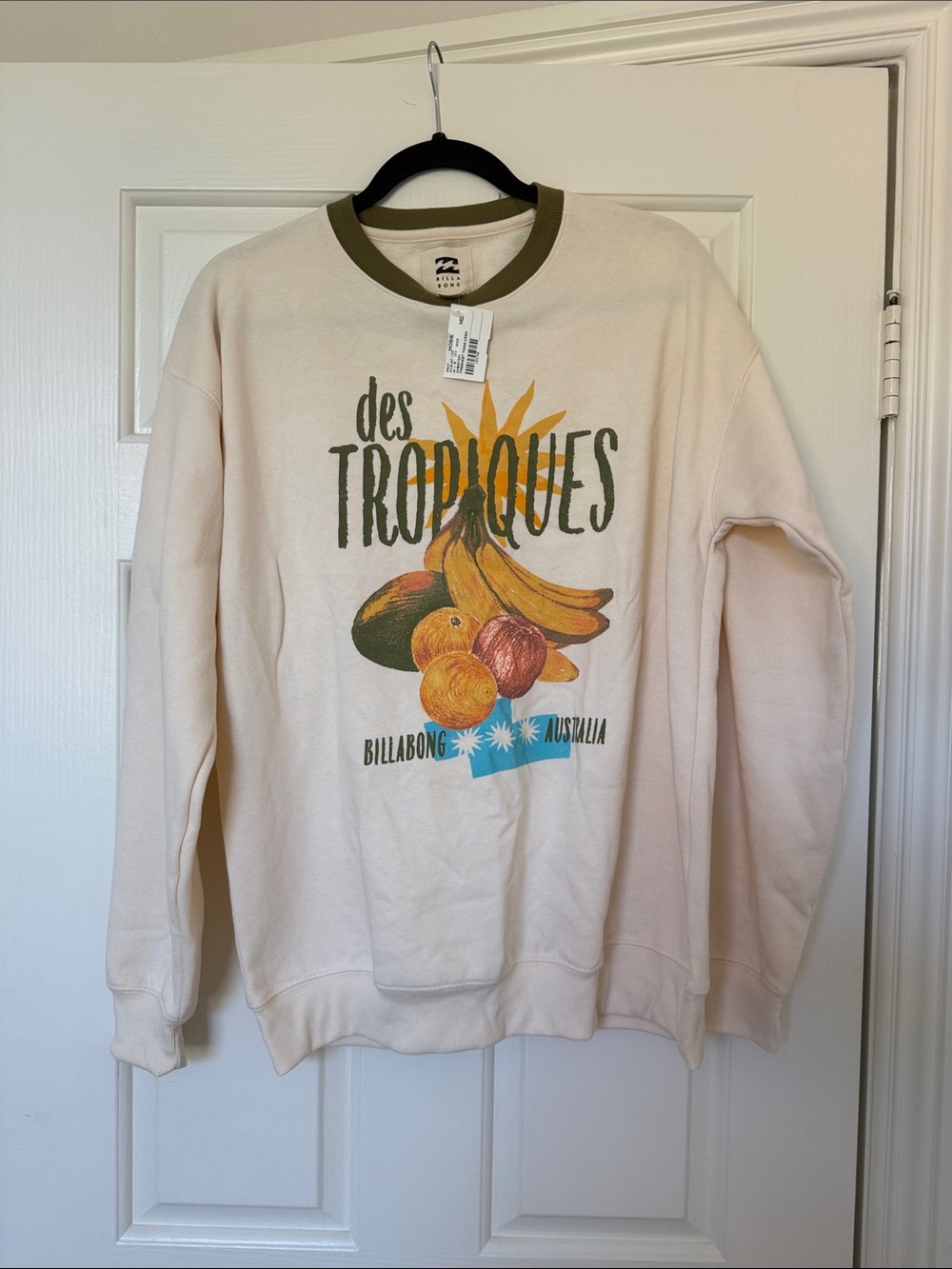 Billabong Cream Crewneck Sweatshirt with Green Collar and Tropical Fruit Graphic